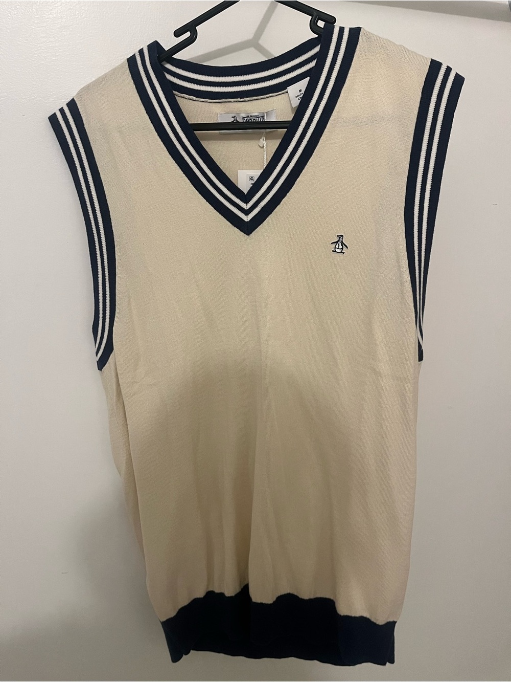 Original Penguin Cream Knit Vest with Navy Striped Trim